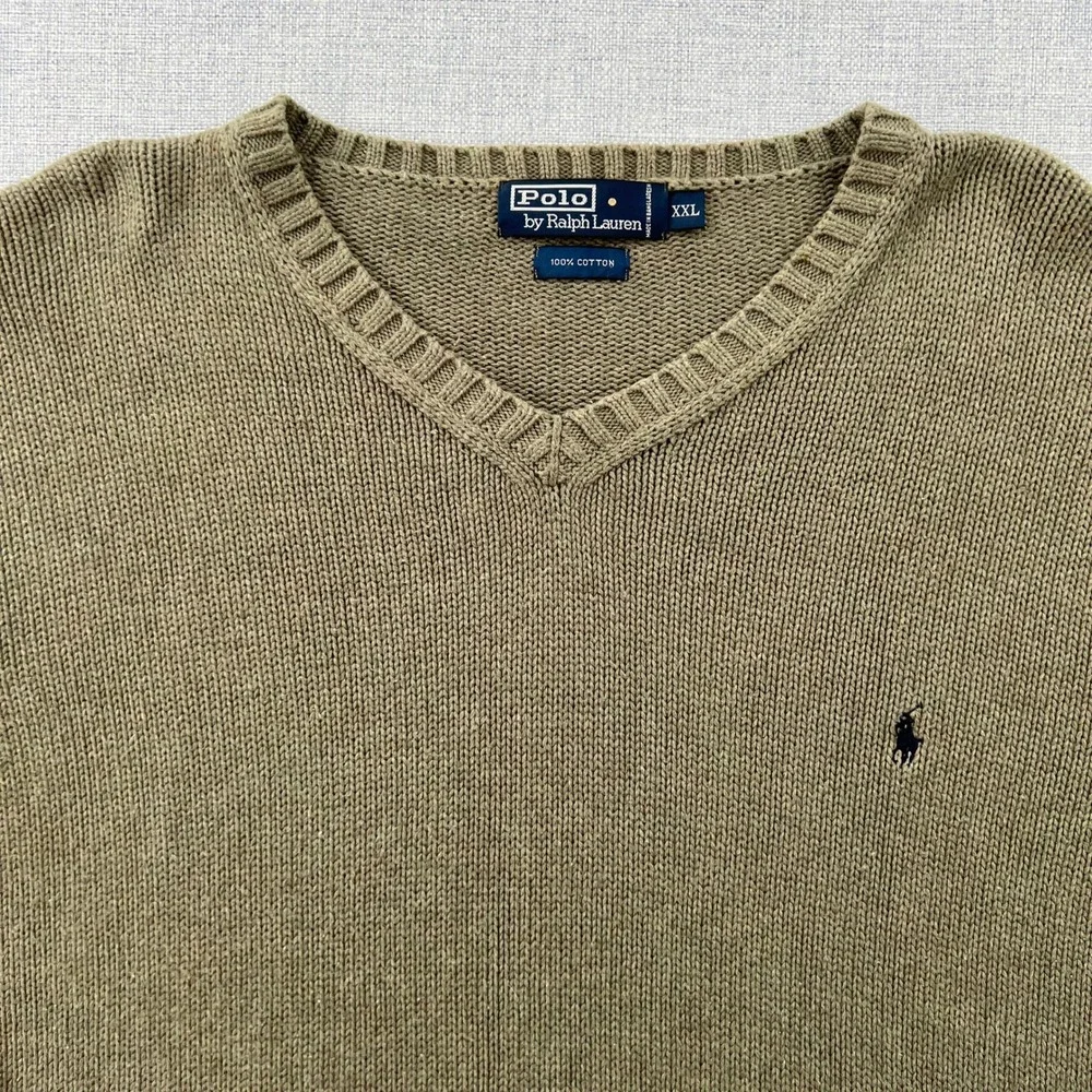 VTG Polo Ralph Lauren V-Neck Sweater Men XXL Olive Green Cotton Knit Ivy Prep